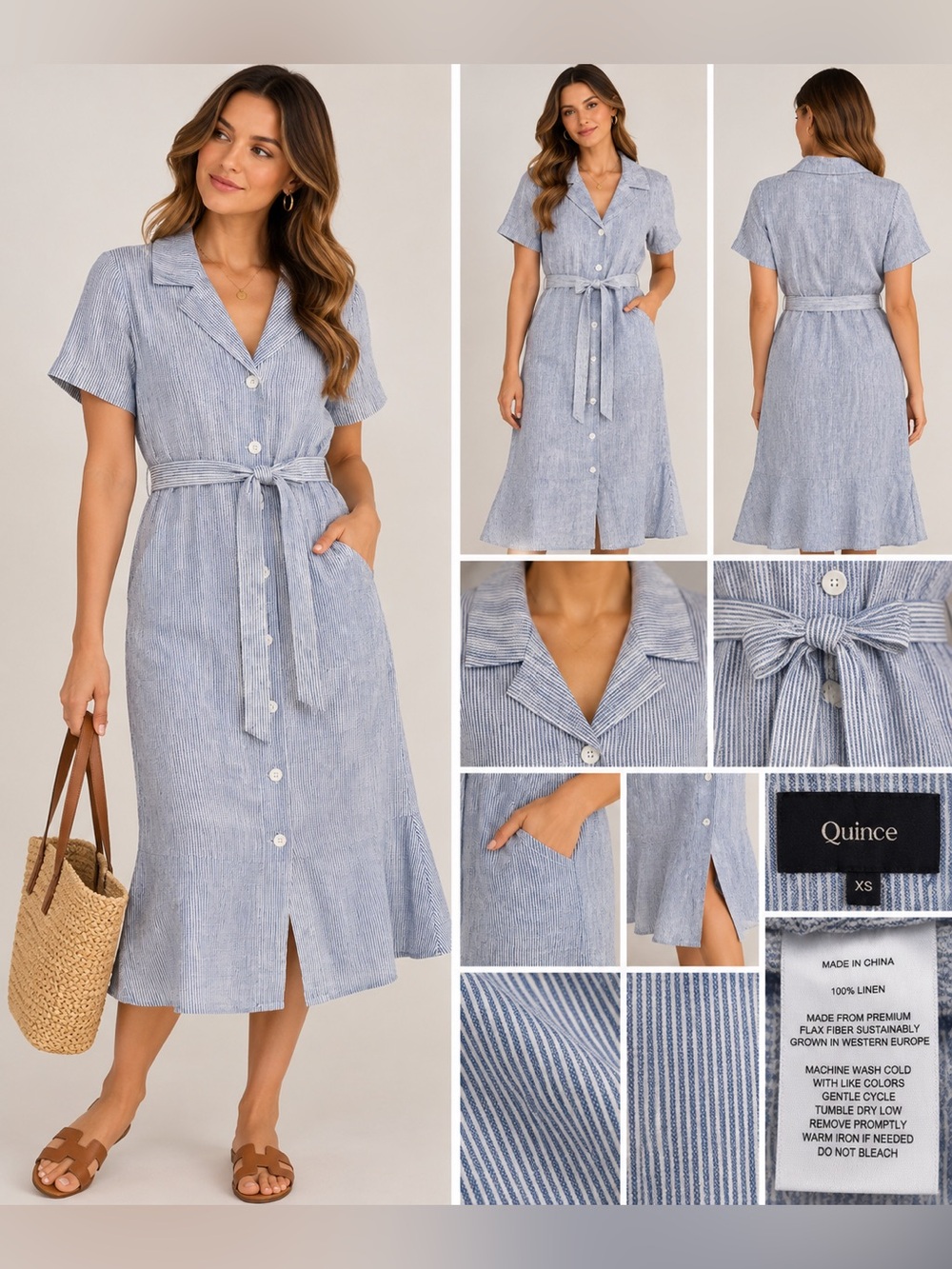 Quince 100% European Linen Button Front Midi Dress Blue Pinstripe XS